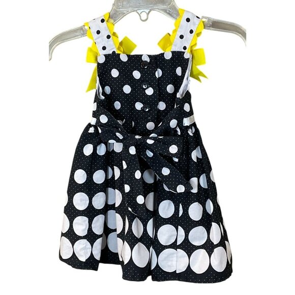 Rare Too! Infant Girls Black White Polka Dot Sundress Yellow Ric Rac Trim Bow 6M - Picture 3 of 6